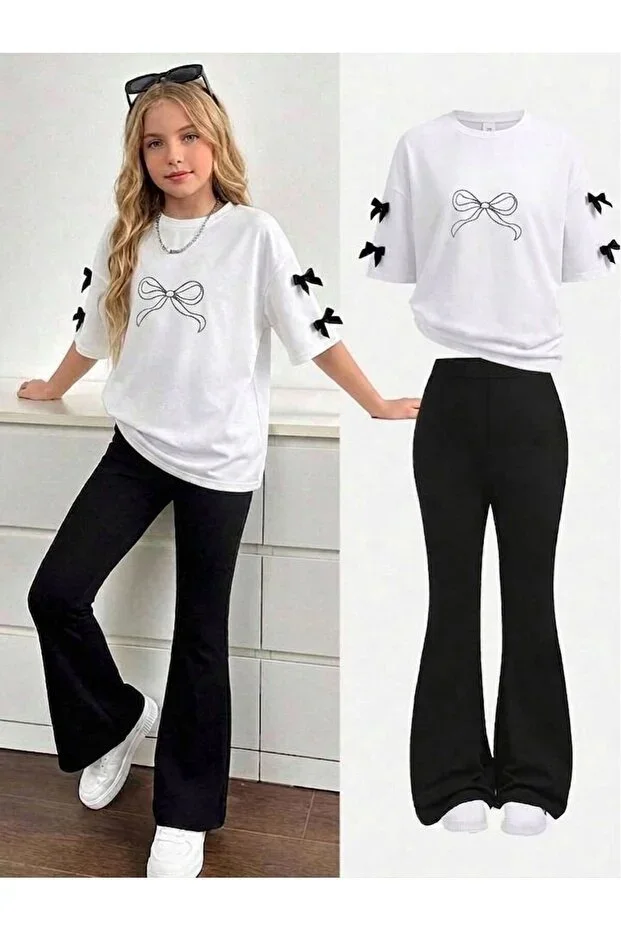 Girls Ribbon Sleeve and Ribbon Print White T-shirt-Black Flared Leggings Set