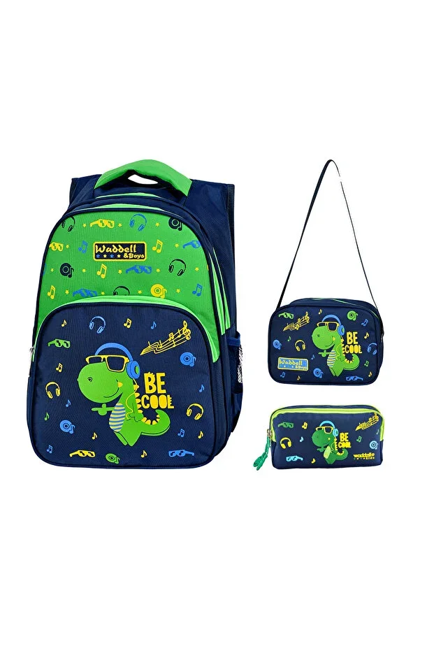Green Navy Dinosaur Print Boys Primary School Bag Lunch Bag and Two Compartment Pencil Case