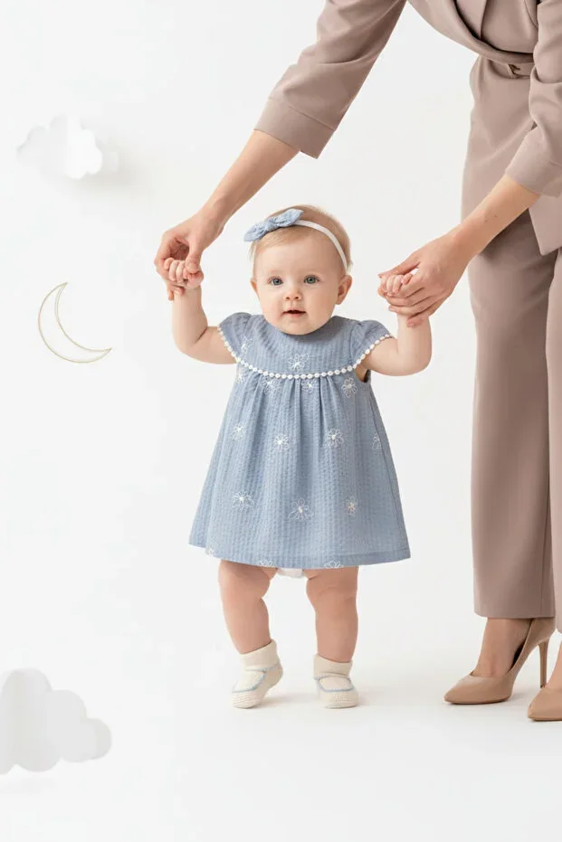 Baby Girl Flower Embroidered Summer Dress with Bandana 3-18 Months