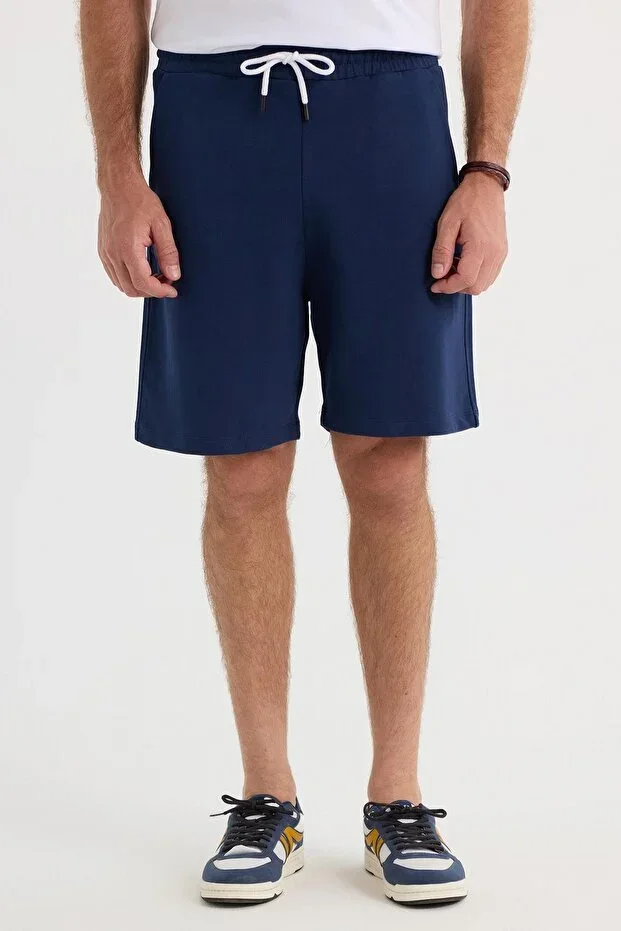 Men's Relax Fit Comfortable Cut 100% Cotton Navy Blue Shorts with Drawstring Waist