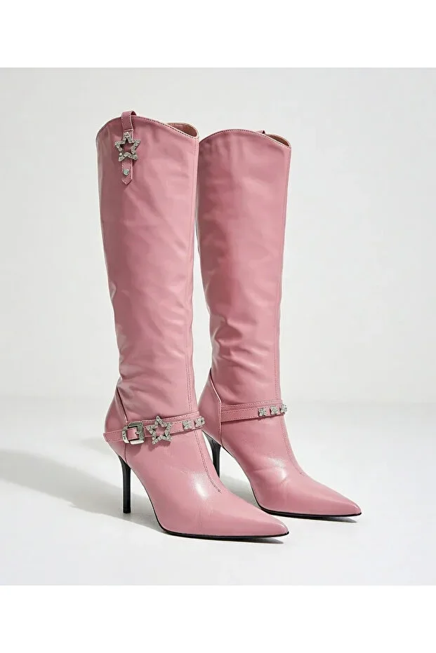 Pink Rosé Star Belt Detailed Knee-High Boot