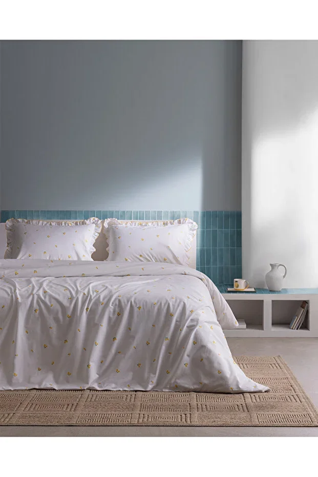 Nelly Double Size 100% Cotton Ruffled Printed Sheeted Duvet Cover Set - White/Yellow