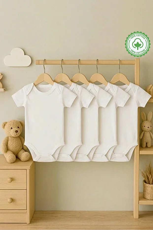 Short Sleeve Baby Bodysuit 5-Pack Round Neck Unisex Body Set 100% Cotton