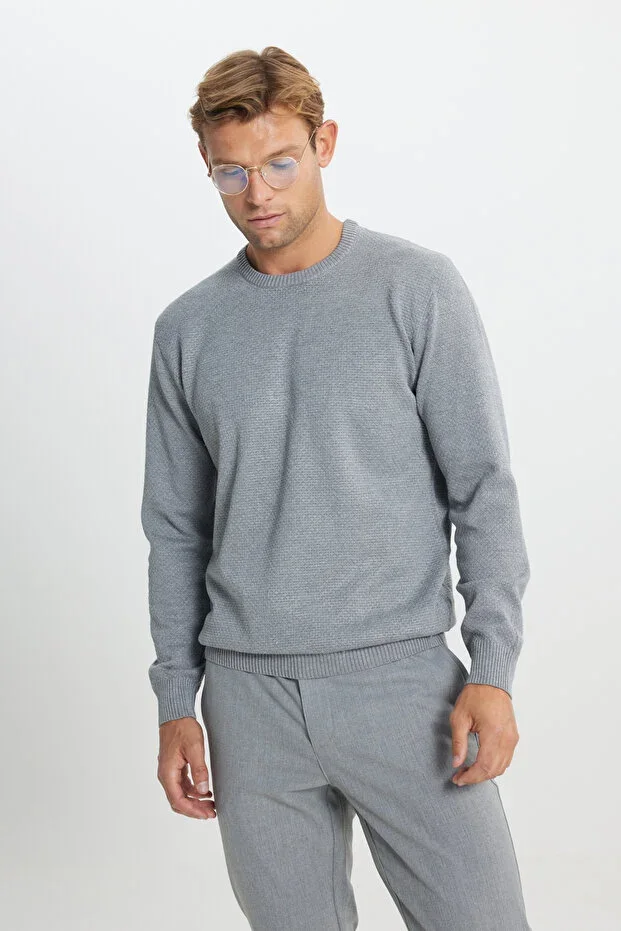 AC&Co / Altınyıldız Classics Grey Melange Standard Fit Regular Cut Crew Neck Jacquard Knit Sweater