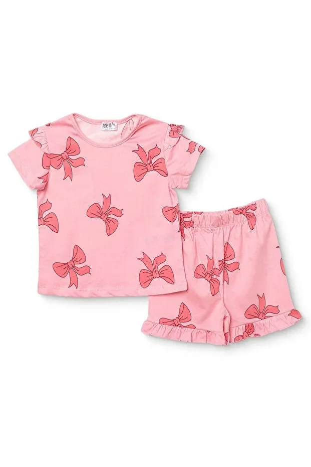 HelloBaby Girls T-Shirt-Shorts Bow Print Round Neck Short Sleeve Overlock