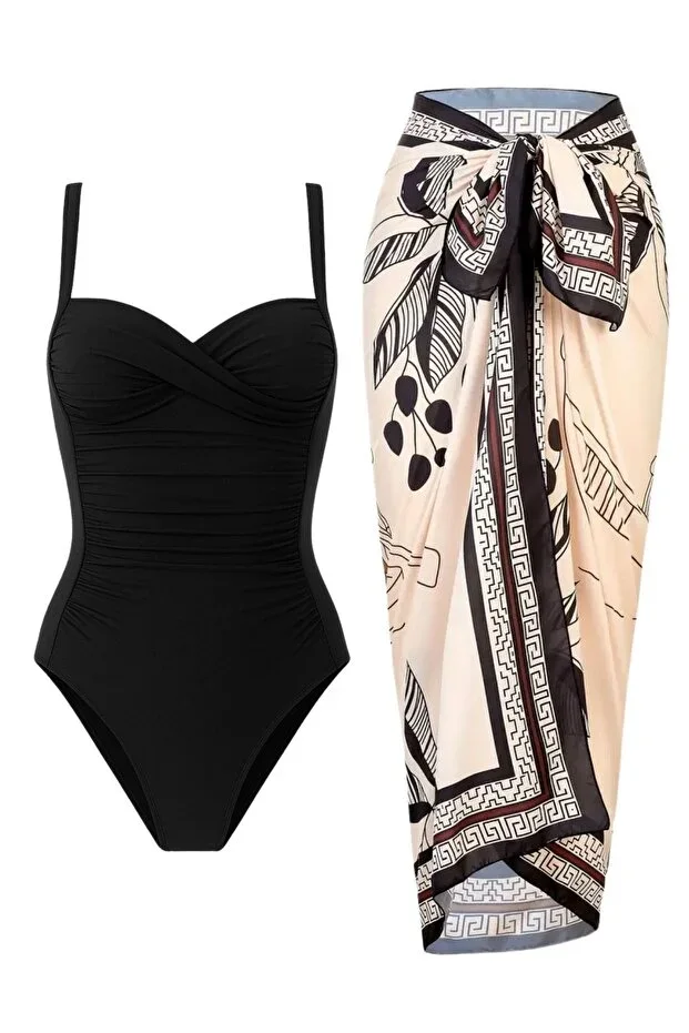 French Inspired Tummy Control Draping Swimsuit Pareo 2-Piece Set Adjustable Straps, Chic and Slimming Effect