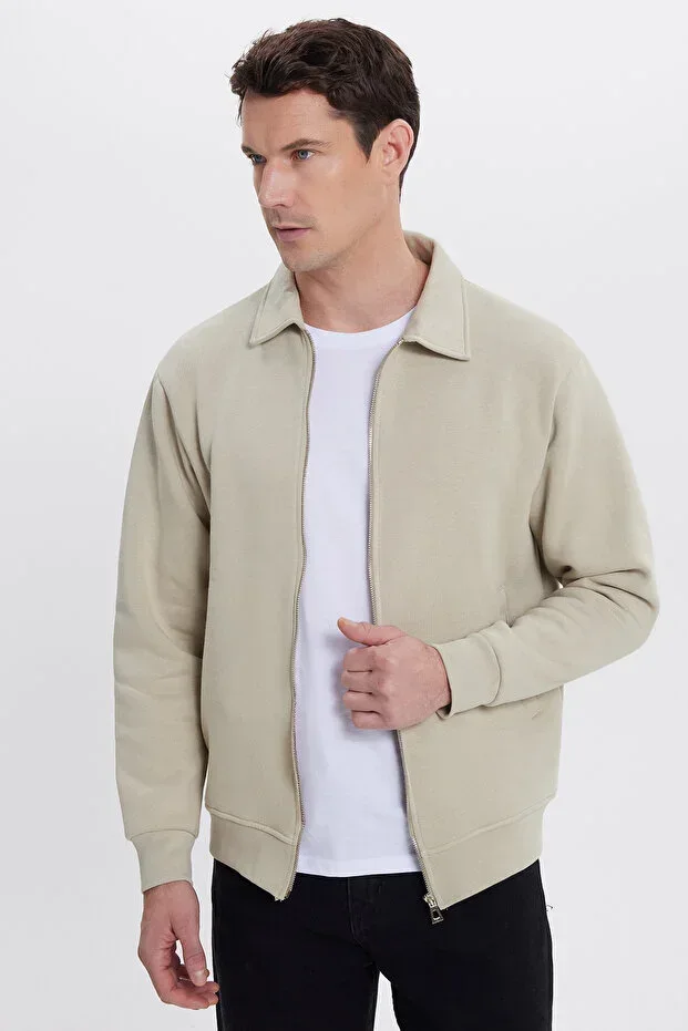 Unisex Relax Fit Inner Fleece Zippered Stone Polo Neck Flat Pocket Sweatshirt Cardigan