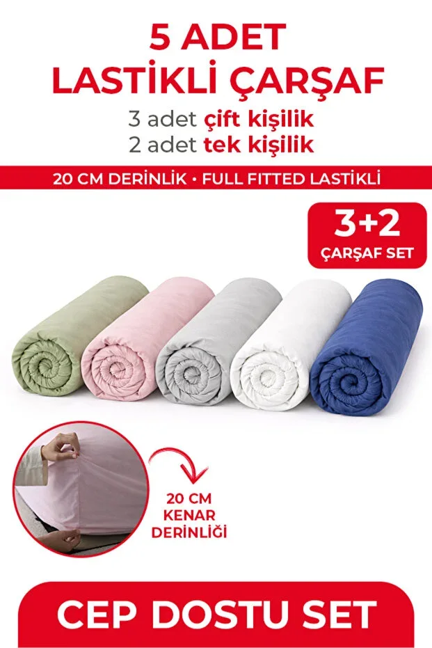 5 Pieces Cotton Ranforce Fitted Sheet - POCKET FRIENDLY PACKAGE (3 Pieces 160x200 + 2 Pieces 100x200)
