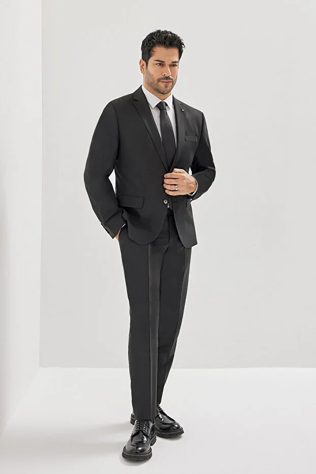 Men's Black Slim Fit Narrow Cut Mono Collar Suit