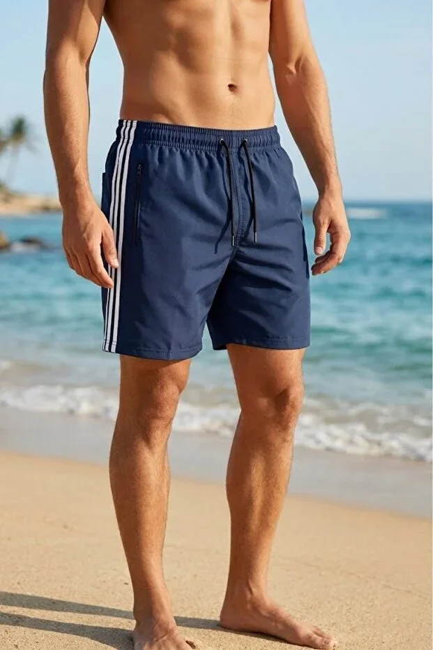 Men's Beach Shorts, Pocketed, Laced, Lined, Navy Blue