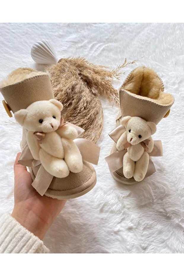 Wool-lined Beige Suede Bear Accessory Buttoned Boots (Order at least 1 size up)