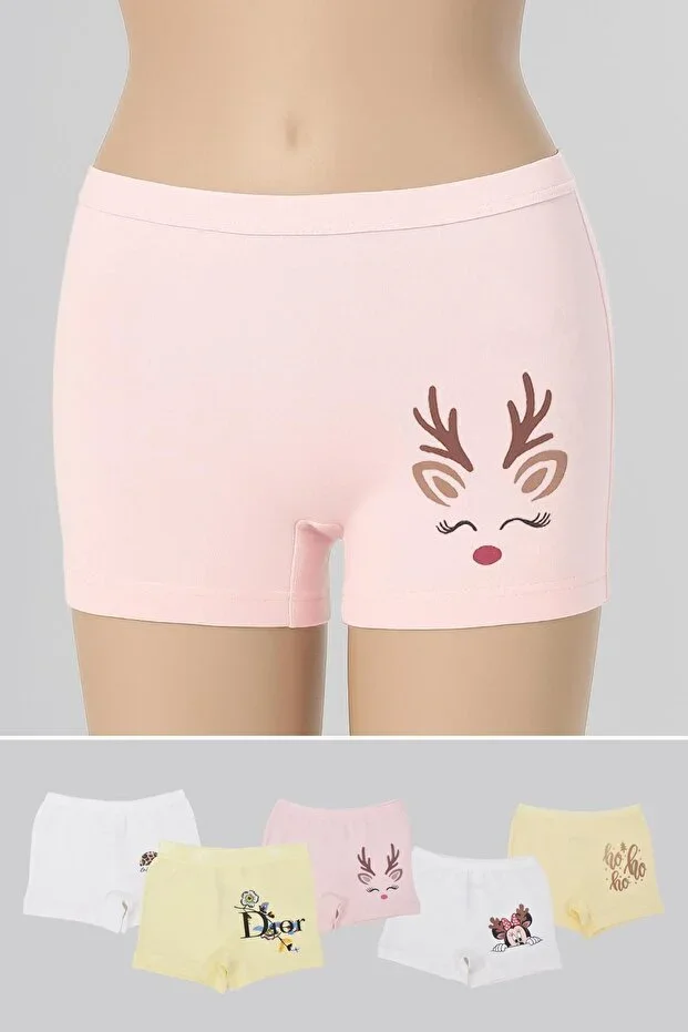 Cotton Lycra 5 Piece Pack Multicolor Patterned Girl Boxer