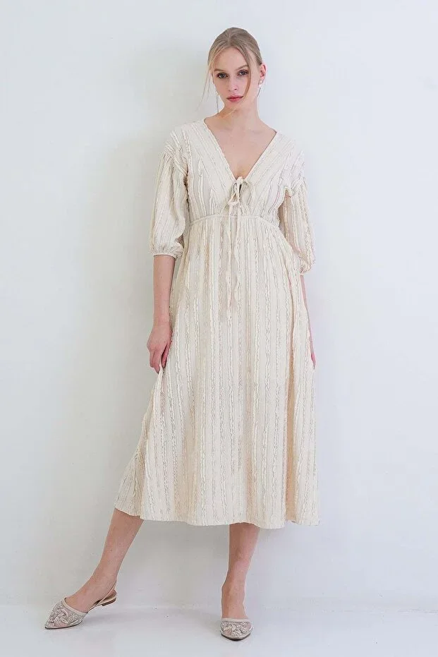 Ecru V-Neck Tie Detail Ruffle Fabric Maxi Dress ALC-X15413