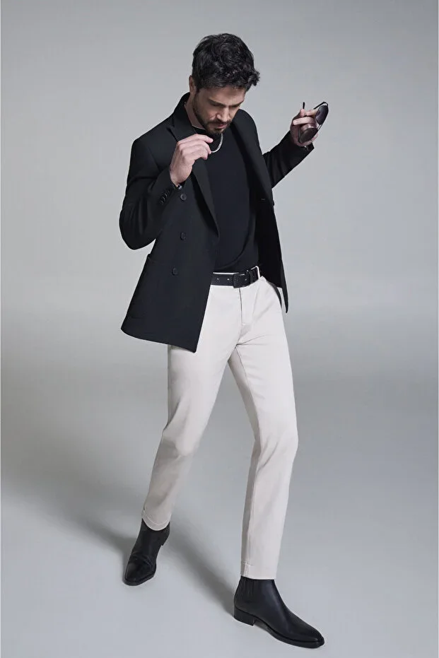 Men's Black Swallowtail Collar Unlined Double-Breasted Comfort Slim Fit Jacket A32Y4052
