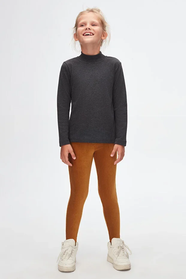 Anthracite Basic Winter Half Turtleneck Long Sleeve Girl T-Shirt