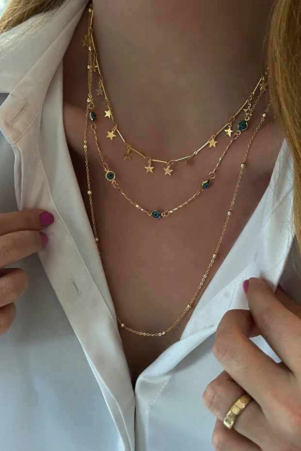 Triple Chain Necklace with Eye and Star Details