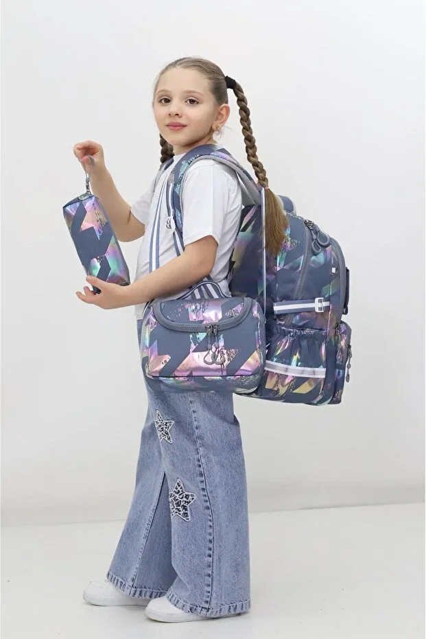 Children's 3-Piece School Backpack Navy Blue Geometric Pattern Transparent Compartment Backpack Lunchbox and Pencil Case