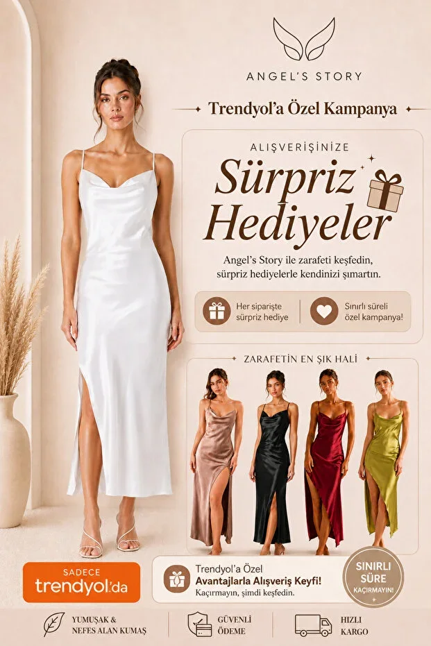 Women's Satin Long Nightgown Thin Strap Draped Neck Slit Detail Back Cross Strap Chic Nightgown
