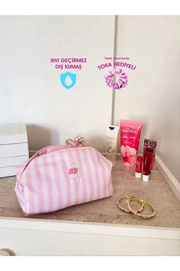 Dusty Pink Striped Waterproof Makeup Bag Beach Pool Cosmetic Bag Washable Large Size