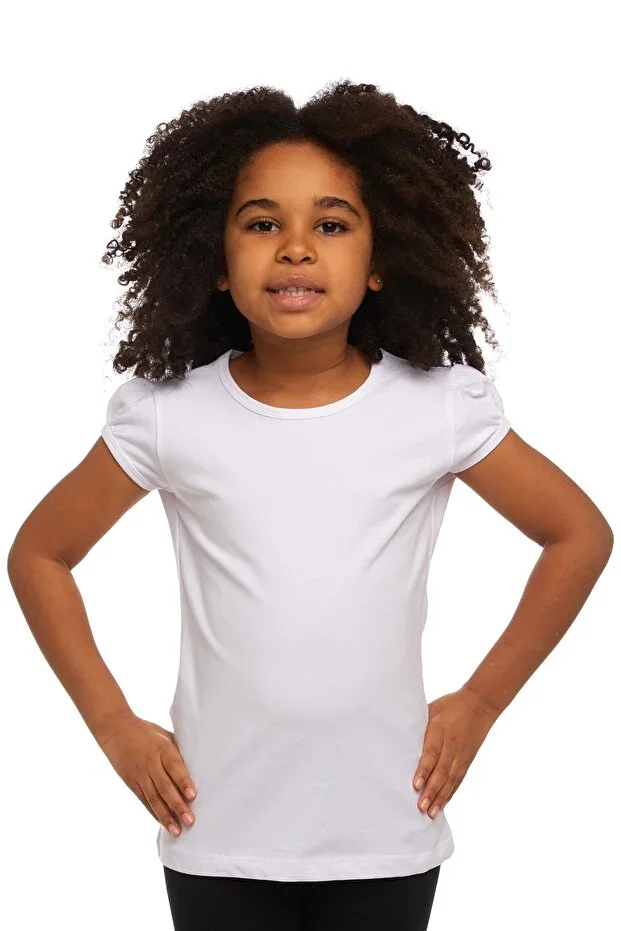 White Basic Girls Zero Neck Watermelon Sleeve T-shirt