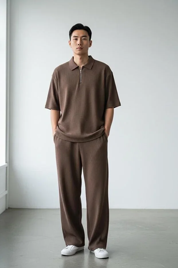 Men's Brown Half-Zip Ottoman Tracksuit Set