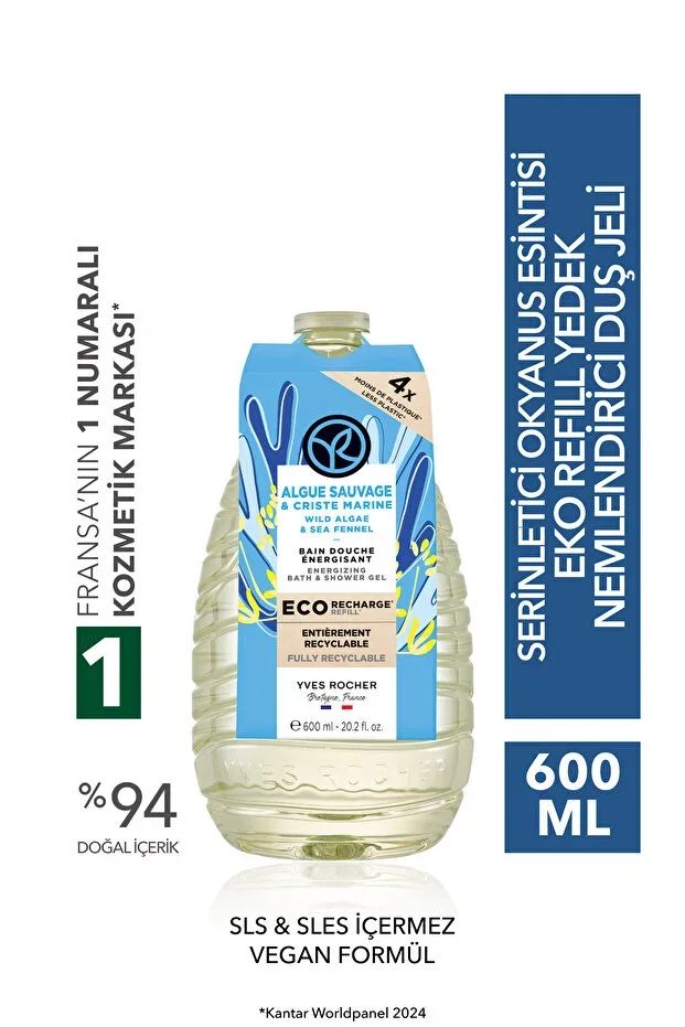 Eco Refill Shower Gel - Moisturizing Refreshing Ocean Breeze - SLS, SLES Free, Vegan - 600ml