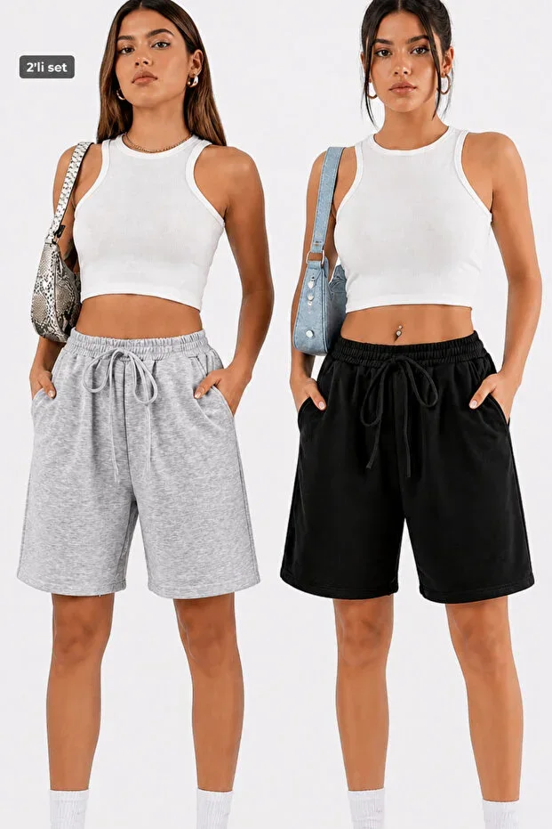 NAKRUF Women's Black Grey 2-Piece Shorts Set | Summer Cotton Shorts | Relaxed Fit Daily