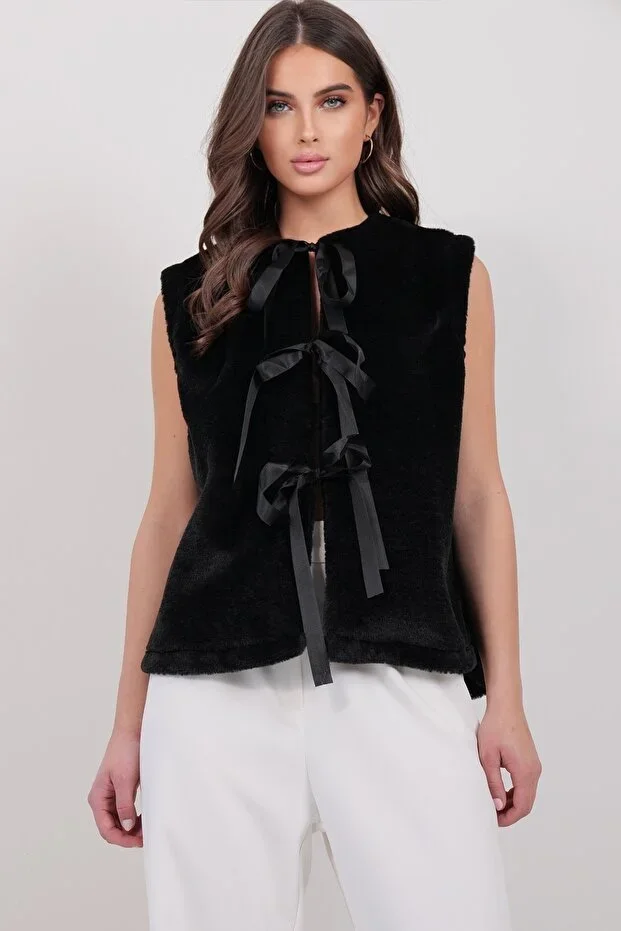 Women's Black Ribbon Tie Sleeveless Fluffy Vest ALC-X14991