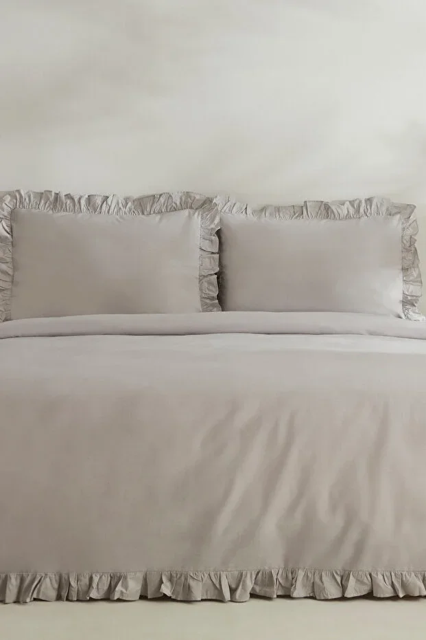 Pure Ruffle 100% Cotton Double Duvet Cover Set Light Grey