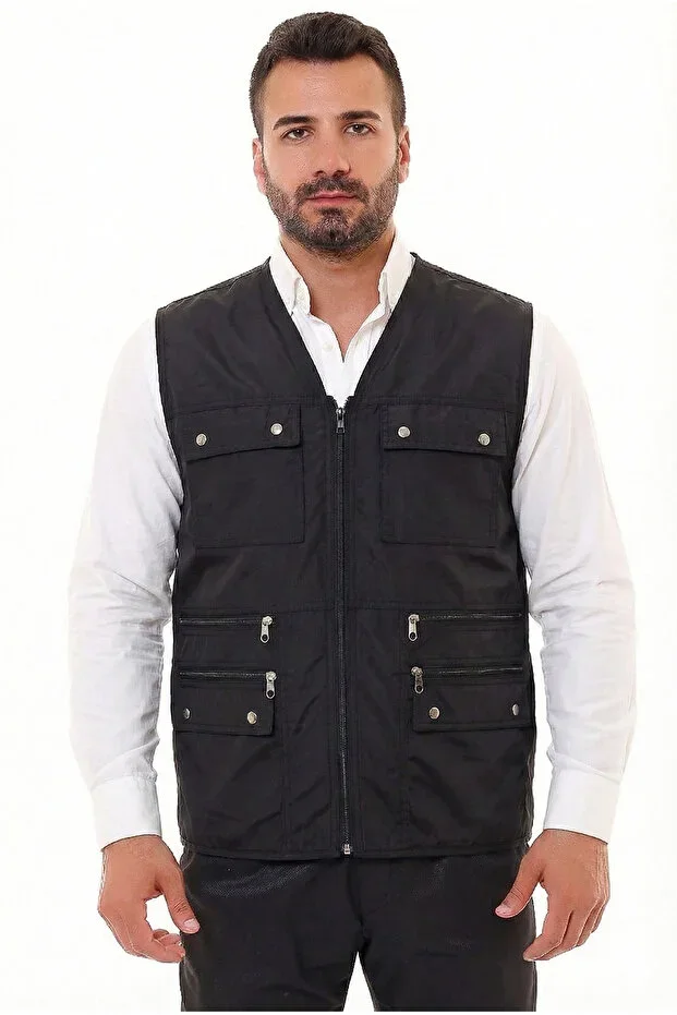 Men's Relaxed Fit Summer Vest Cotton Linen Fabric Hunter Vest Multi-Pocket Large Size Battal Zippered