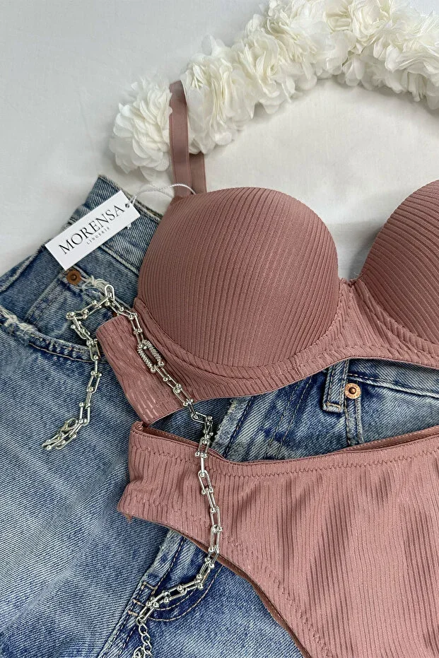 Basic Patterned Underwired Padded Bra Set Powder