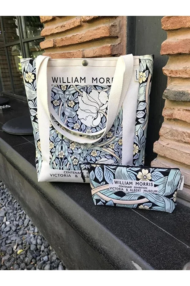 William Morris Canvas Bag & Makeup Bag Washable with Pocket with Metal Snap