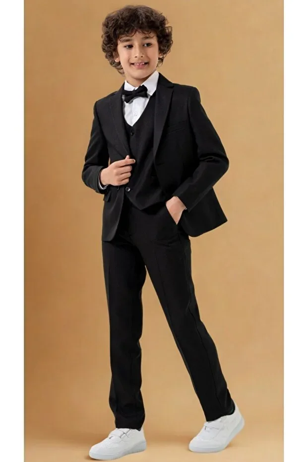 Men's Boys' Tuxedo Suit – Jacket, Trousers, Vest, Bowtie, Shirt 5-Piece Set