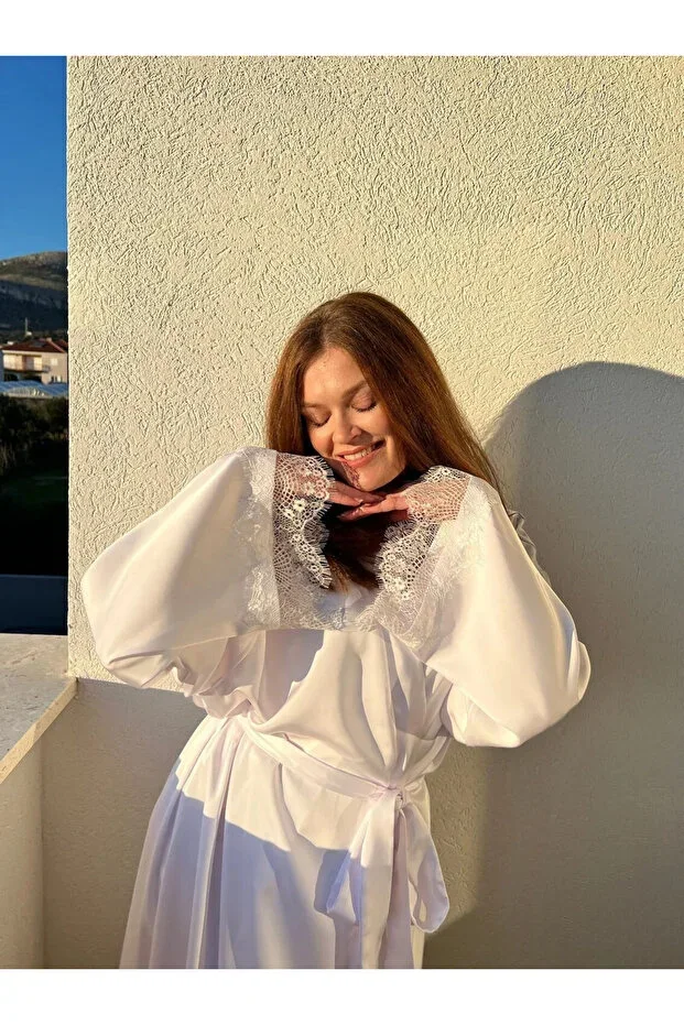 Lace Sleeve Silky Satin Long Bridal Robe