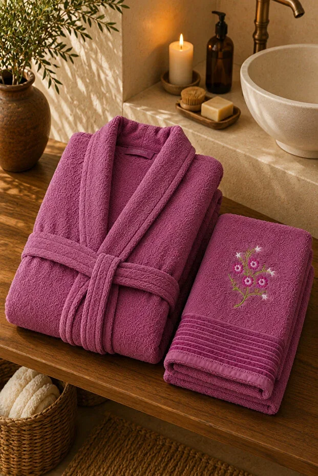 Hera 100% Cotton Unisex Bathrobe with Towel 2 Piece Bathrobe-Towel Set / Dowry Set