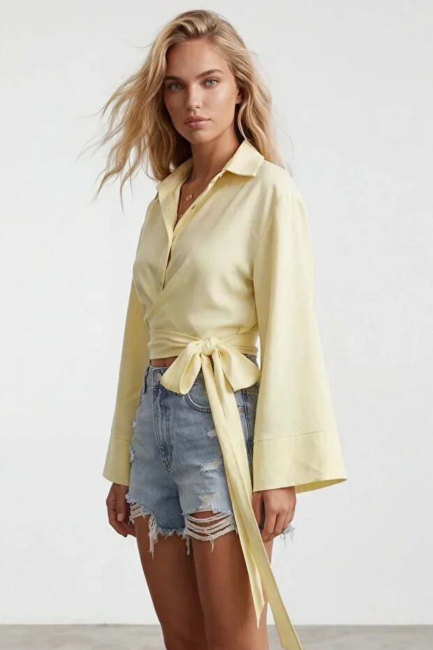 Women's Yellow Wide Cuff Sleeve Detail Front Tie Linen Shirt Alc-X15424