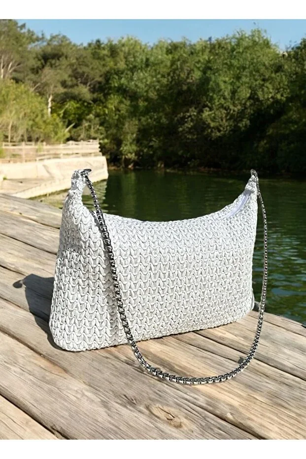 Women's Zigzag Knit Straw White Silver Chain Handbag and Shoulder Bag