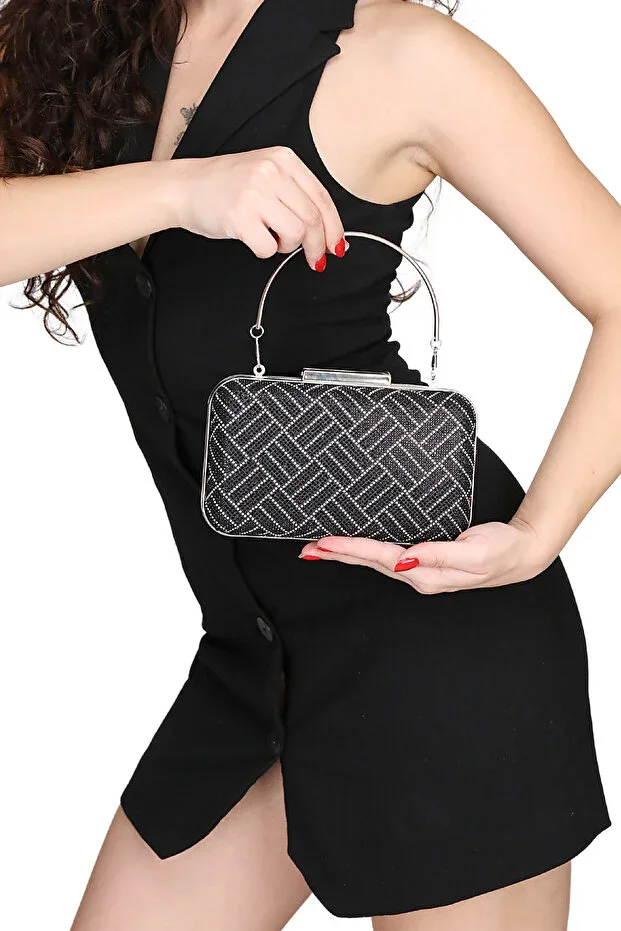 STONE-EMBELLISHED EVENING BAG WITH HAND AND SHOULDER STRAP