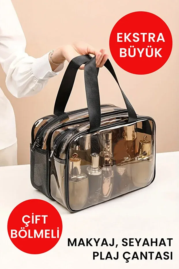 Transparent Double Compartment Mesh Large Women's Travel Cosmetic Toiletry Beach Makeup Bag Suitcase Organizer