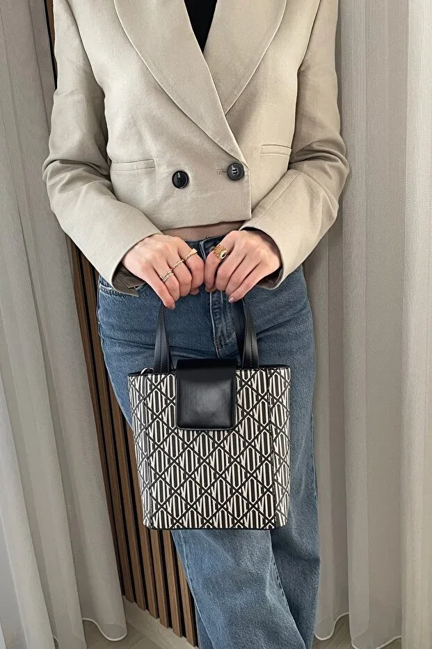 Women's Black Patterned Bucket Bag - Adjustable Long Strap, Handbag & Shoulder Bag