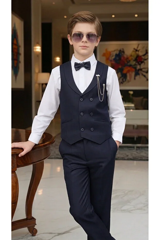 Boys' Suit Vest Shirt Bowtie Set Navy Blue