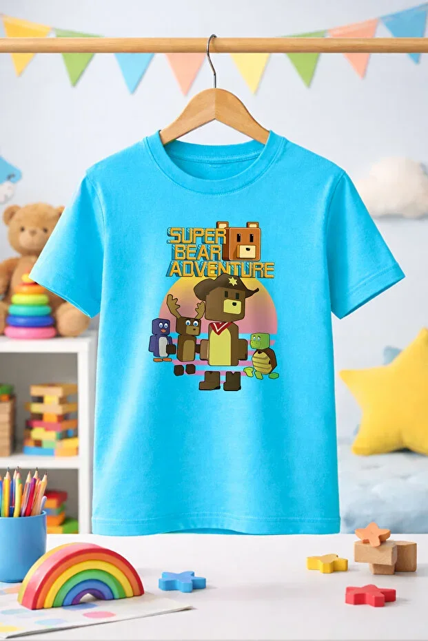 Super Bear Adventure Game Character Pattern Printed Children's Pink and Blue T-shirt