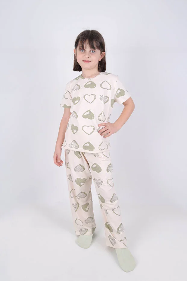 Girls Cotton Heart Patterned Pajama Set