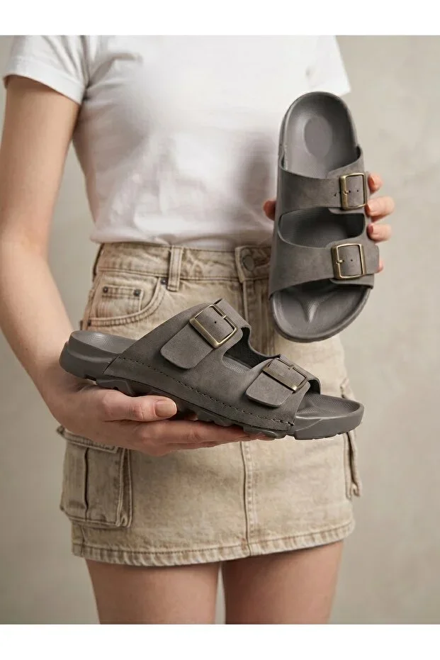 Unisex Grey Double Buckle Slipper BYNDEGEC01