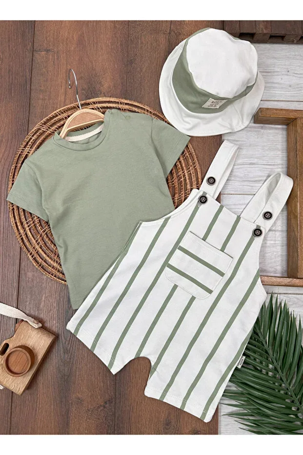 Striped Safari Hat Shoulder Snap Bodysuit Summer Boys Overalls Set