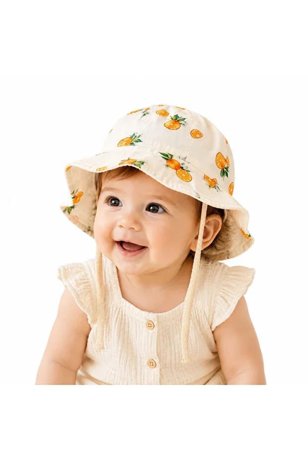 🍊 Orange Patterned Baby Sun Hat – Lace-up Summer Hat