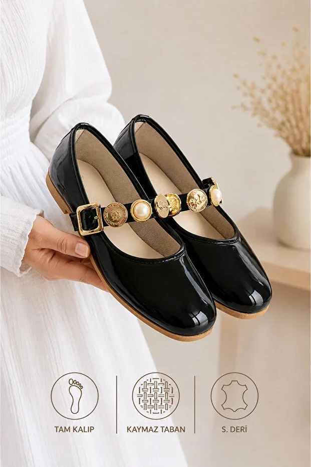 Black Women's Ballet Flats Adjustable Buckle Lightweight Comfortable Daily Shoes