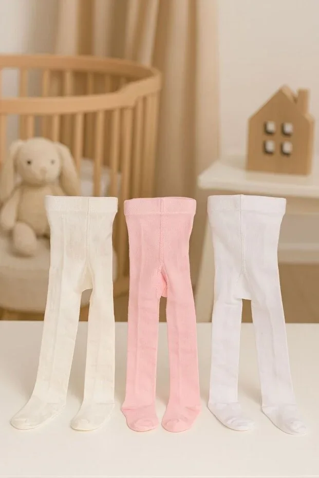 3-Piece Baby Girl & Child Cotton Plain Colored Tights
