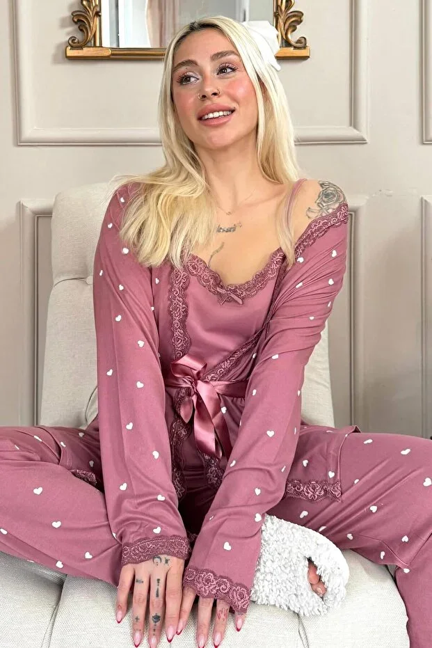 Pink Mini Heart Patterned Women's Pajama Set with Bathrobe