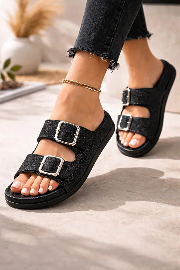Women's Glittery Double Buckle Orthopedic Anatomical Support Stylish Casual Guest Slippers